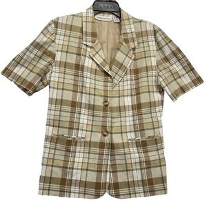 Fundamental Things Petites Plaid Linen Blend Short Sleeve Blazer Size 12 Women‎